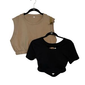 2-Piece Bundle Workout Yoga Black & Brown Crop Top Size: Large